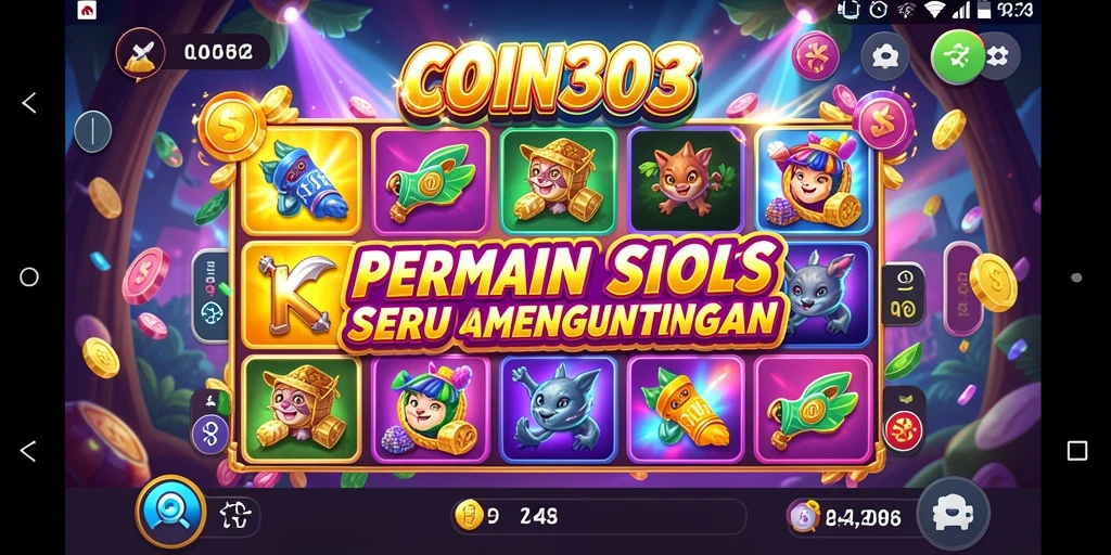 Tampilan gameplay COIN303 dengan berbagai simbol dan fitur menarik.