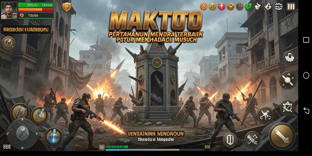 Tangkapan layar gameplay MAKTOTO yang menunjukkan pertahanan menara melawan musuh.