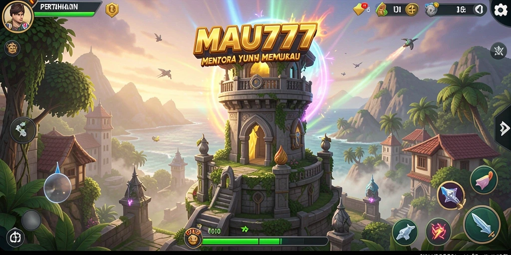 Screenshot MAU777 menampilkan aksi intens dalam pertahanan menara.