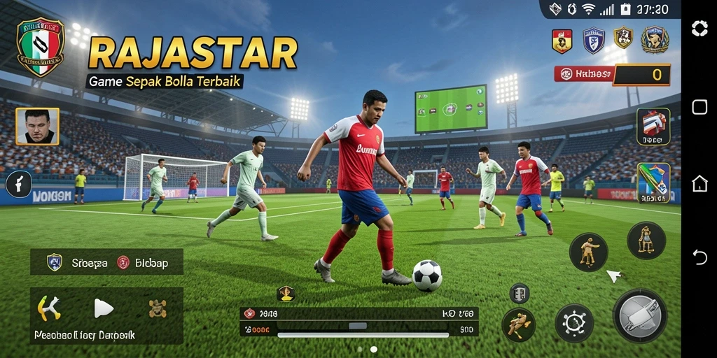 Tampilan utama gameplay RAJASTAR dengan aksi sepak bola yang mendebarkan.