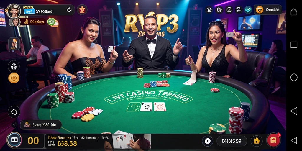 Screenshot gameplay RVIP3 menampilkan suasana kasino yang hidup dan interaktif.