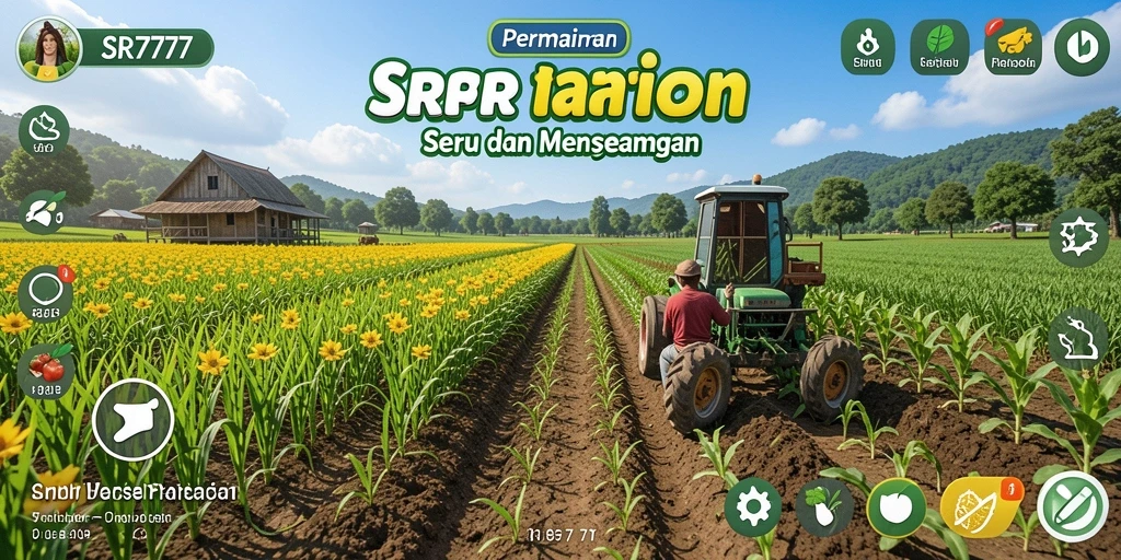 Tampilan gameplay SR777 dengan lahan pertanian yang subur dan hewan ternak.